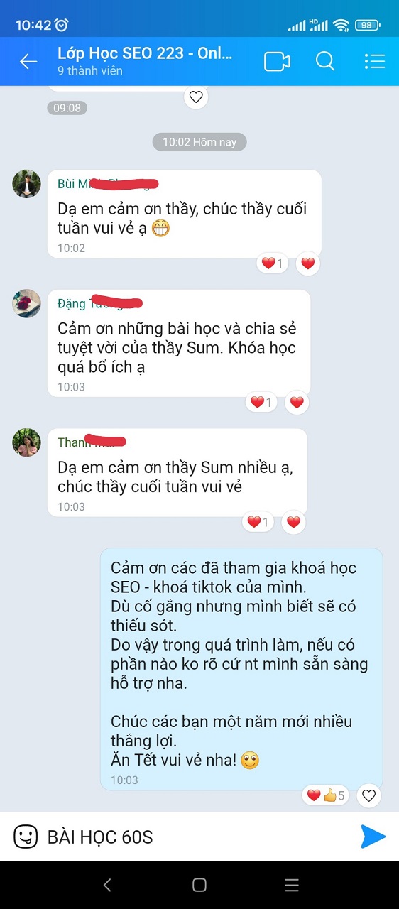 cảm nhận học viên khoá seo 223
