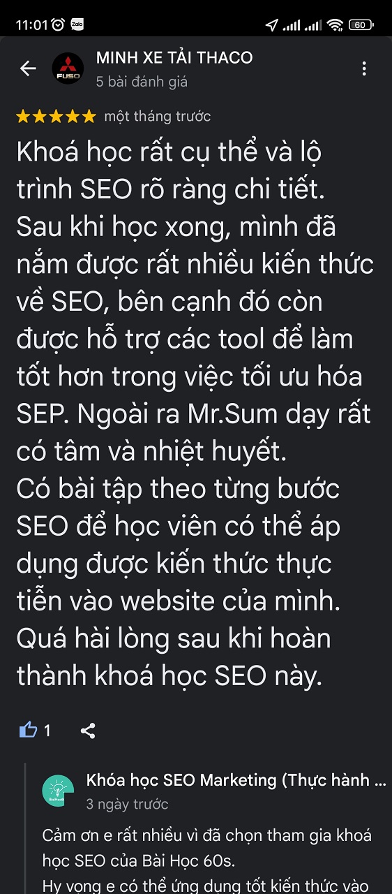 cảm nhận học viên khoá seo 237