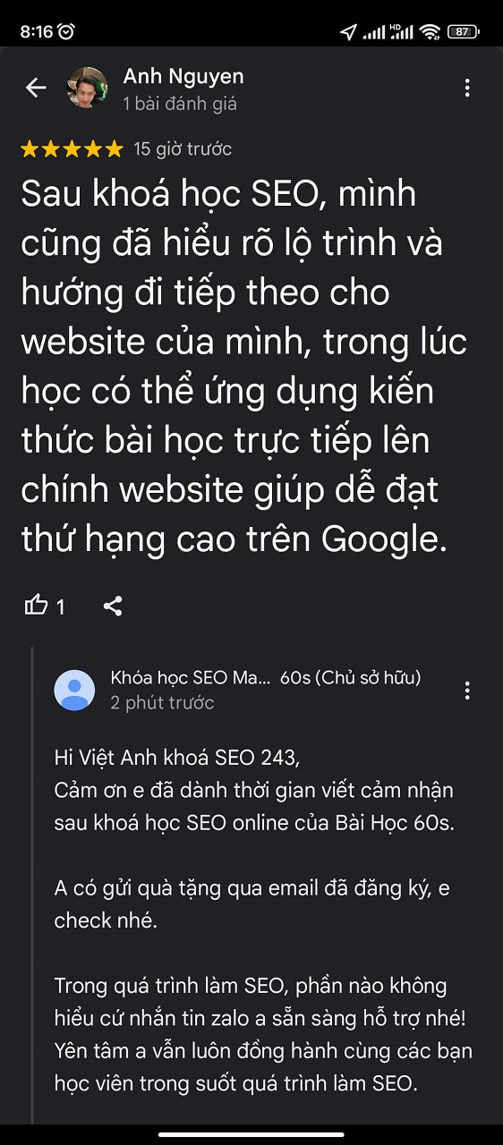 cảm nhận học viên khoá seo 243