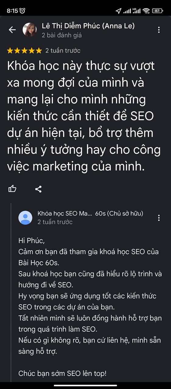 cảm nhận học viên khoá seo 244