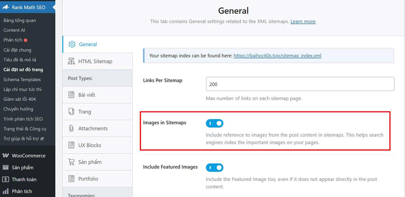 cho phép hình ảnh được thêm vào sitemap
